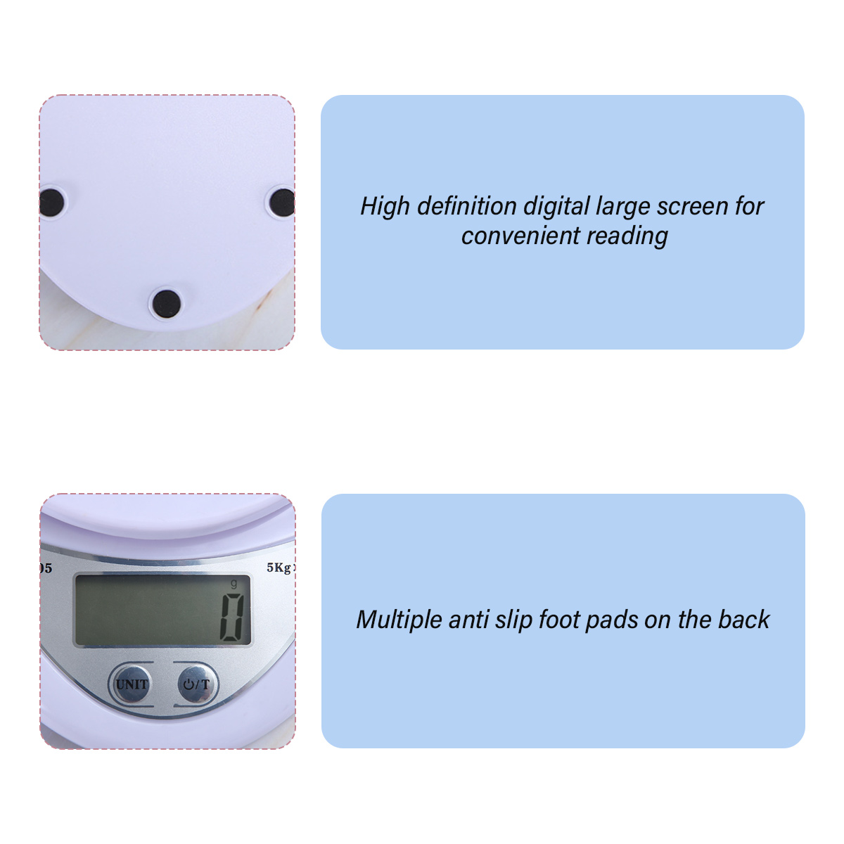 Nahaufnahme einer weißen Digitalwaage. Sie hat einen Bildschirm und mehrere Anti-Rutsch-Pads auf der Rückseite.