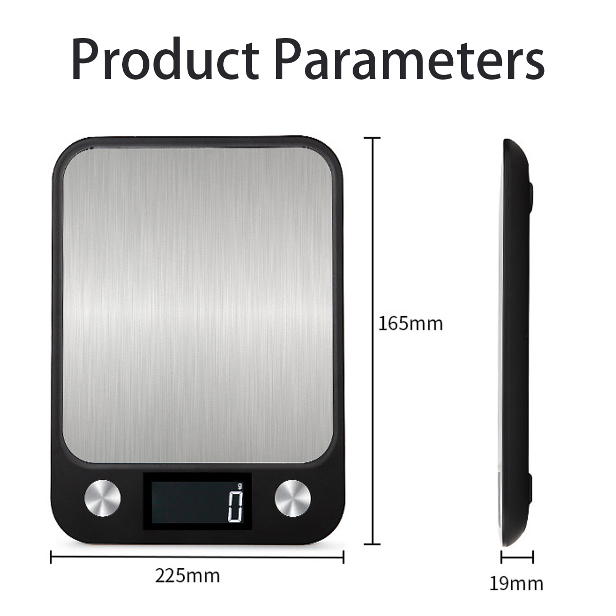 Produktparameterdiagramm: eine schwarze digitale Küchenwaage mit Abmessungen (225 mm x 165 mm x 19 mm).
