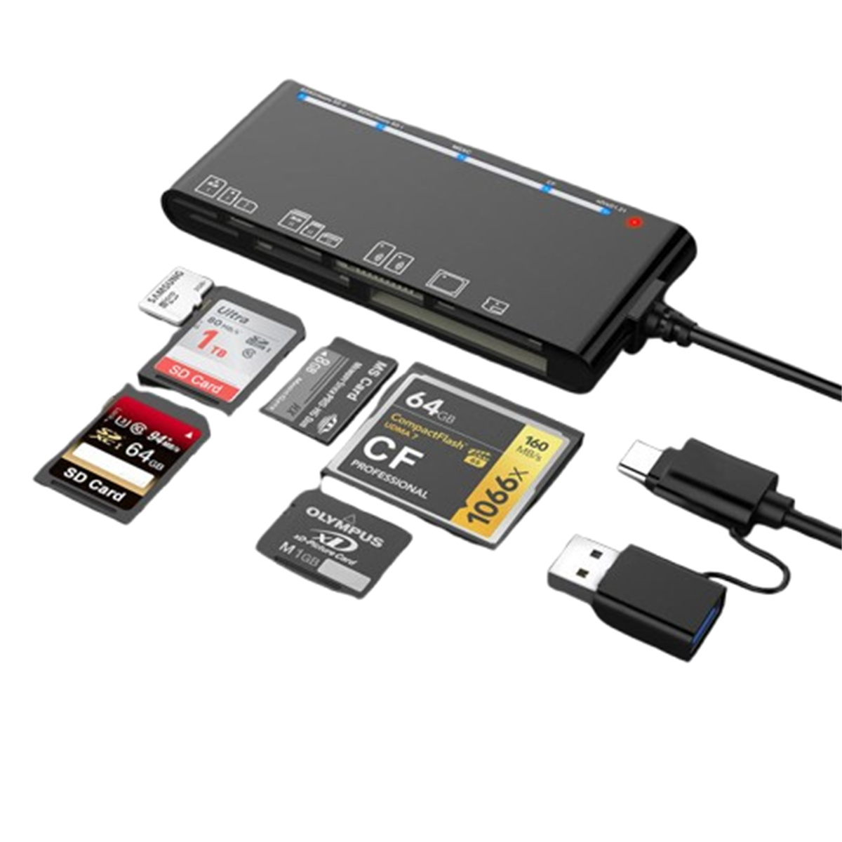 Schwarzer Kartenleser mit USB- und USB-C-Kabeln und verschiedenen Speicherkarten.