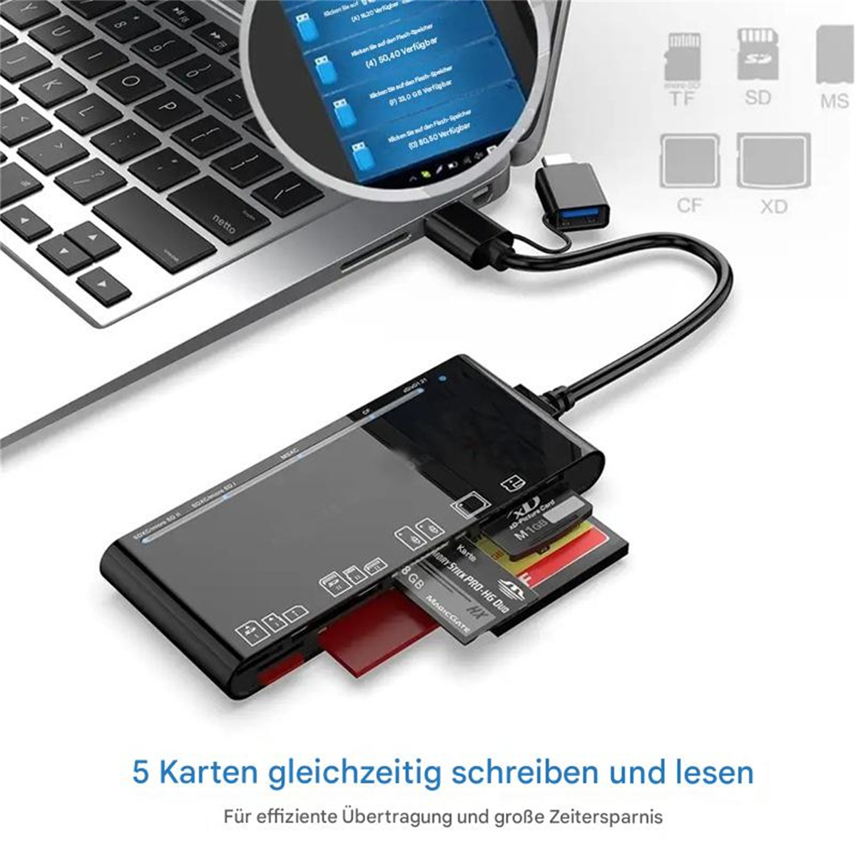Kartenleser mit Laptop verbunden, mit Karten, die Daten übertragen.