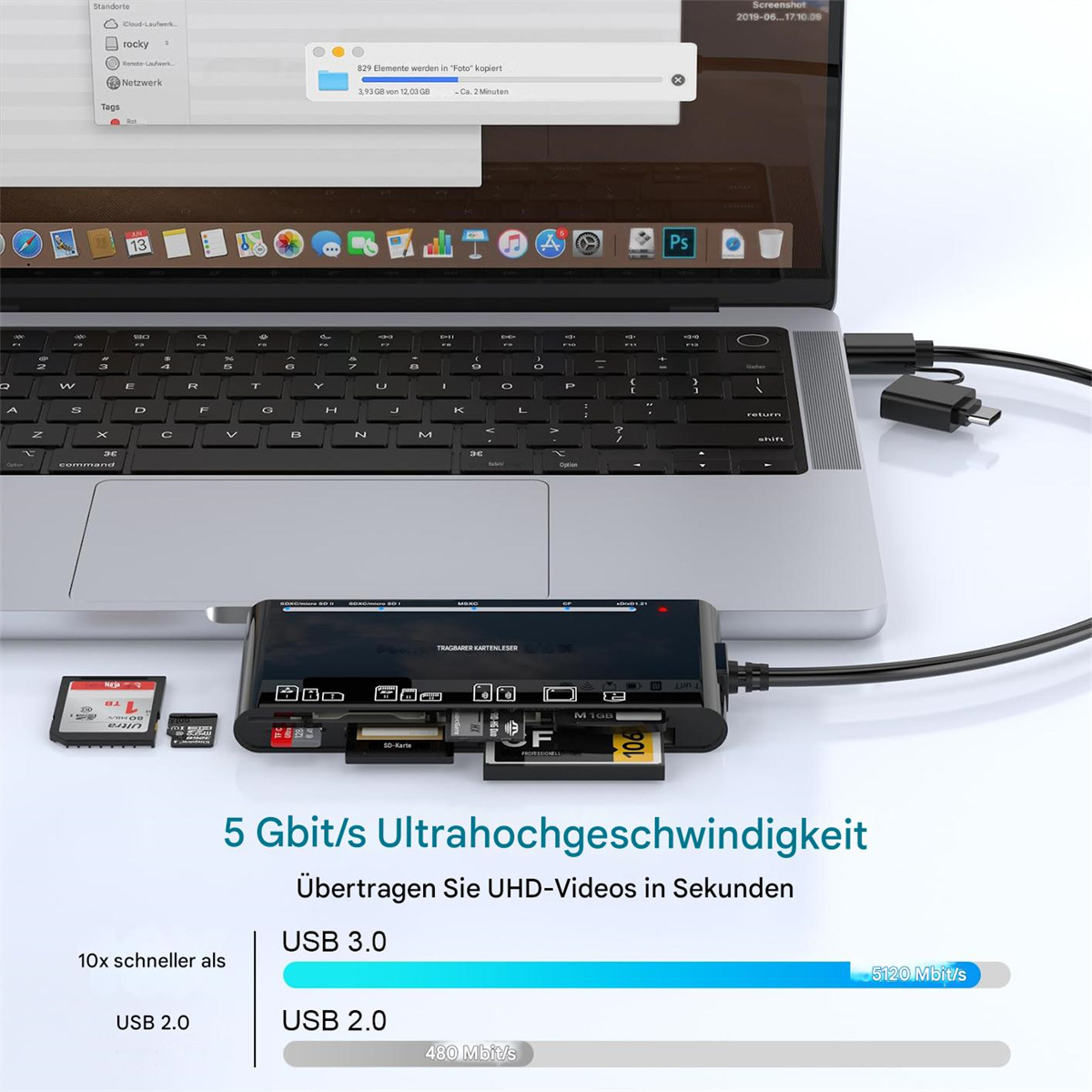 Laptop, verbunden mit Kartenleser, der Dateien von Karten liest.