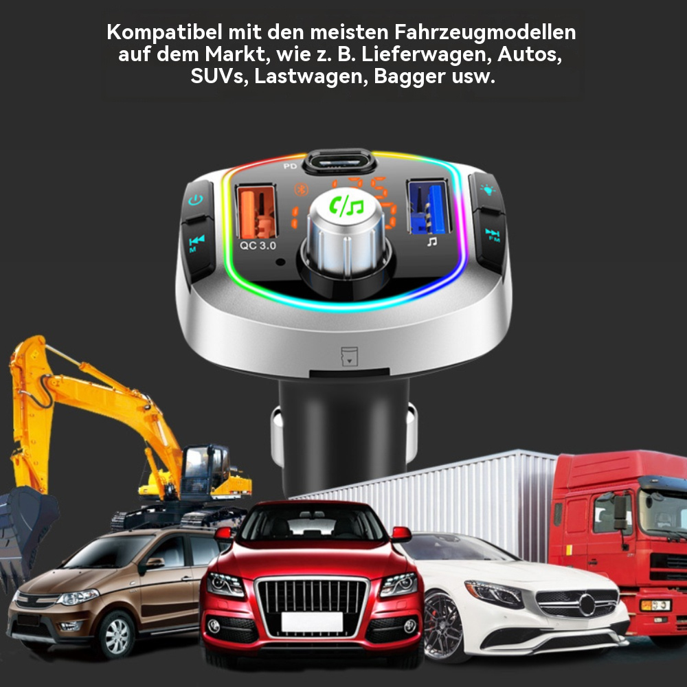 KFZ-Ladegerät mit USB-Anschlüssen, Display und verschiedenen Fahrzeugen im Hintergrund.