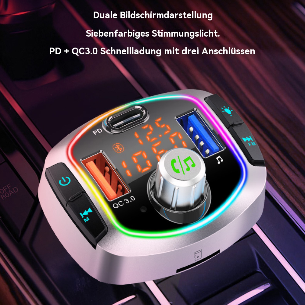 Silbernes und schwarzes Autoladegerät mit Digitalanzeige und mehrfarbigen Lichtern.