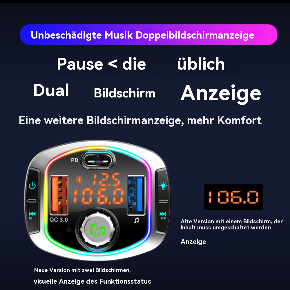 Auto-Audioadapter mit zwei Bildschirmen, orangefarbenen und blauen USB-Anschlüssen und einem Display.