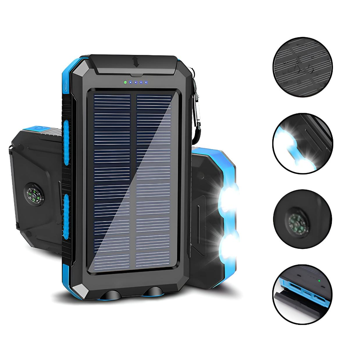 Schwarze und blaue Solar-Powerbank mit Kompass und Taschenlampe, mit Details an der Seite.