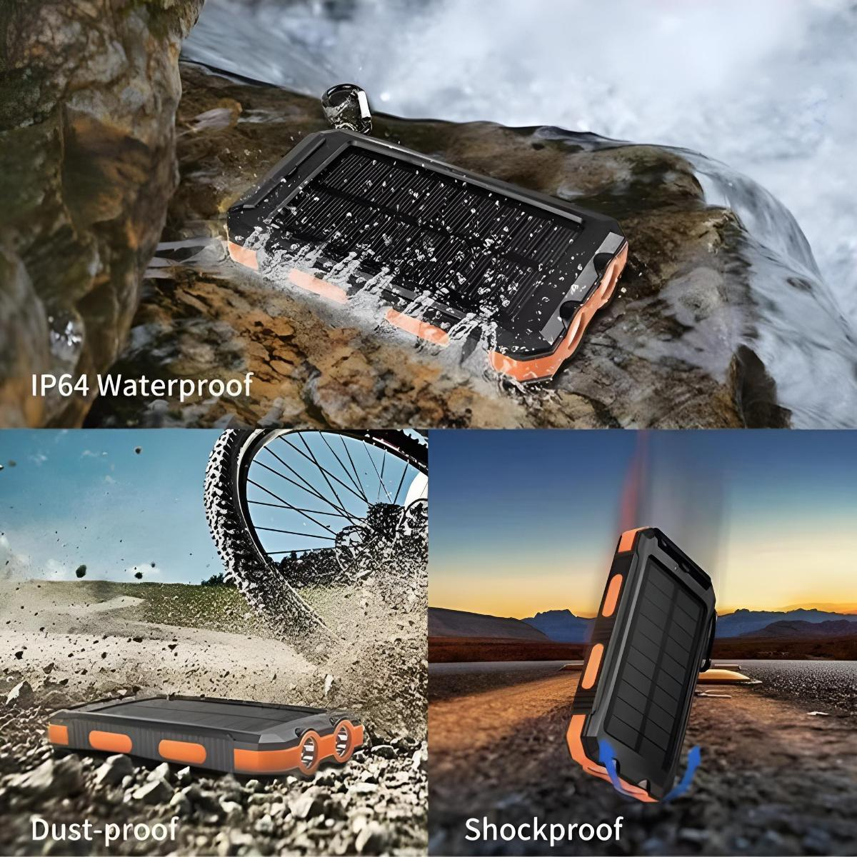Eine schwarze und orangefarbene, wasserdichte, staubdichte, stoßfeste Powerbank im Wasser. Verschiedene Aktionen werden gezeigt.