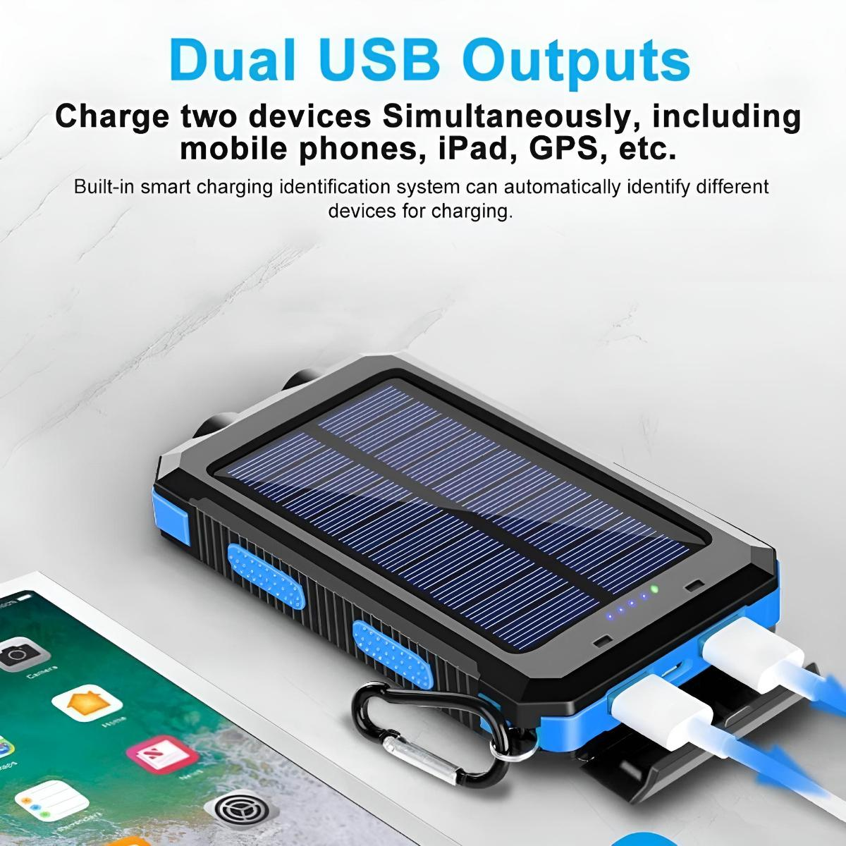 Solar Ladegerät mit zwei USB-Ausgängen, lädt zwei Geräte gleichzeitig. Inklusive Telefon, iPad, GPS.