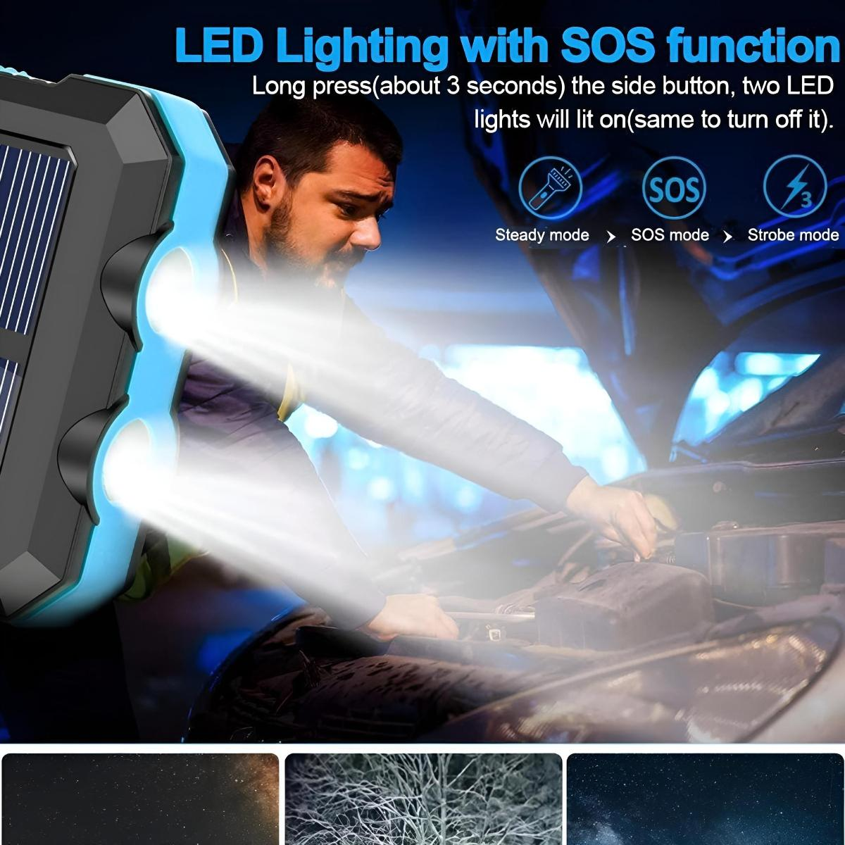 Mann benutzt Taschenlampe, demonstriert LED-Beleuchtung mit SOS-Funktion.