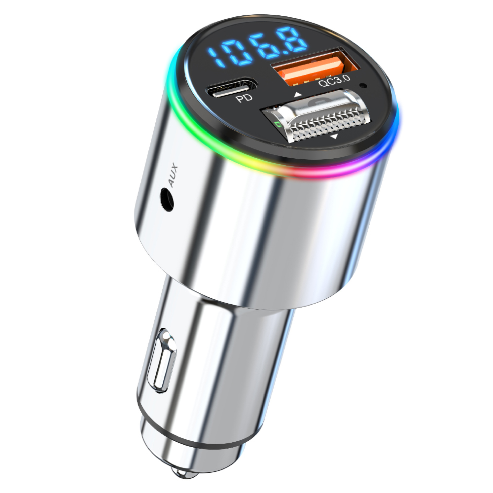 Auto-Audioadapter mit Bildschirm, bunten Lichtern und USB-Anschlüssen.