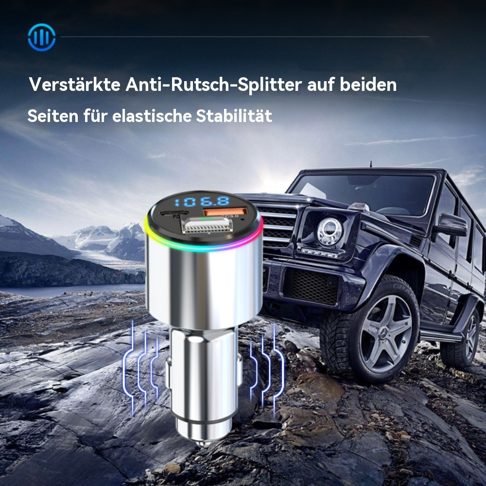 Ein Autoladegerät mit Digitalanzeige 106.8. Das Auto ist im Hintergrund.