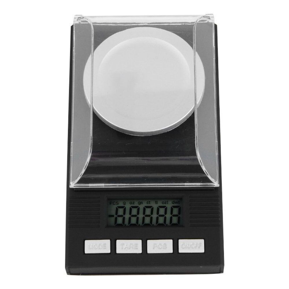 Digitale Waage mit Anzeige 88888, schwarzes Gehäuse, transparente Abdeckung, weiße Plattform.