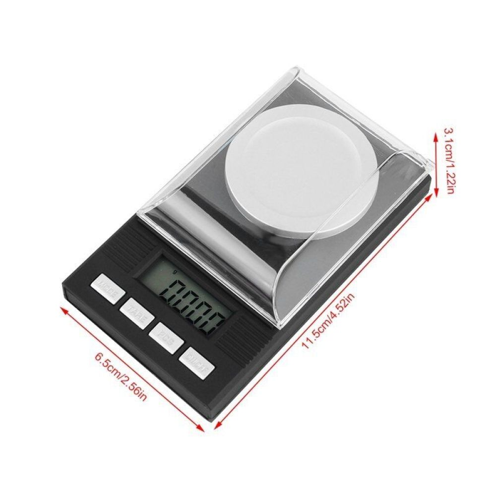 Digitale Waage mit klarer Abdeckung, Anzeige 0.000 und Tasten. Abmessungen angegeben.