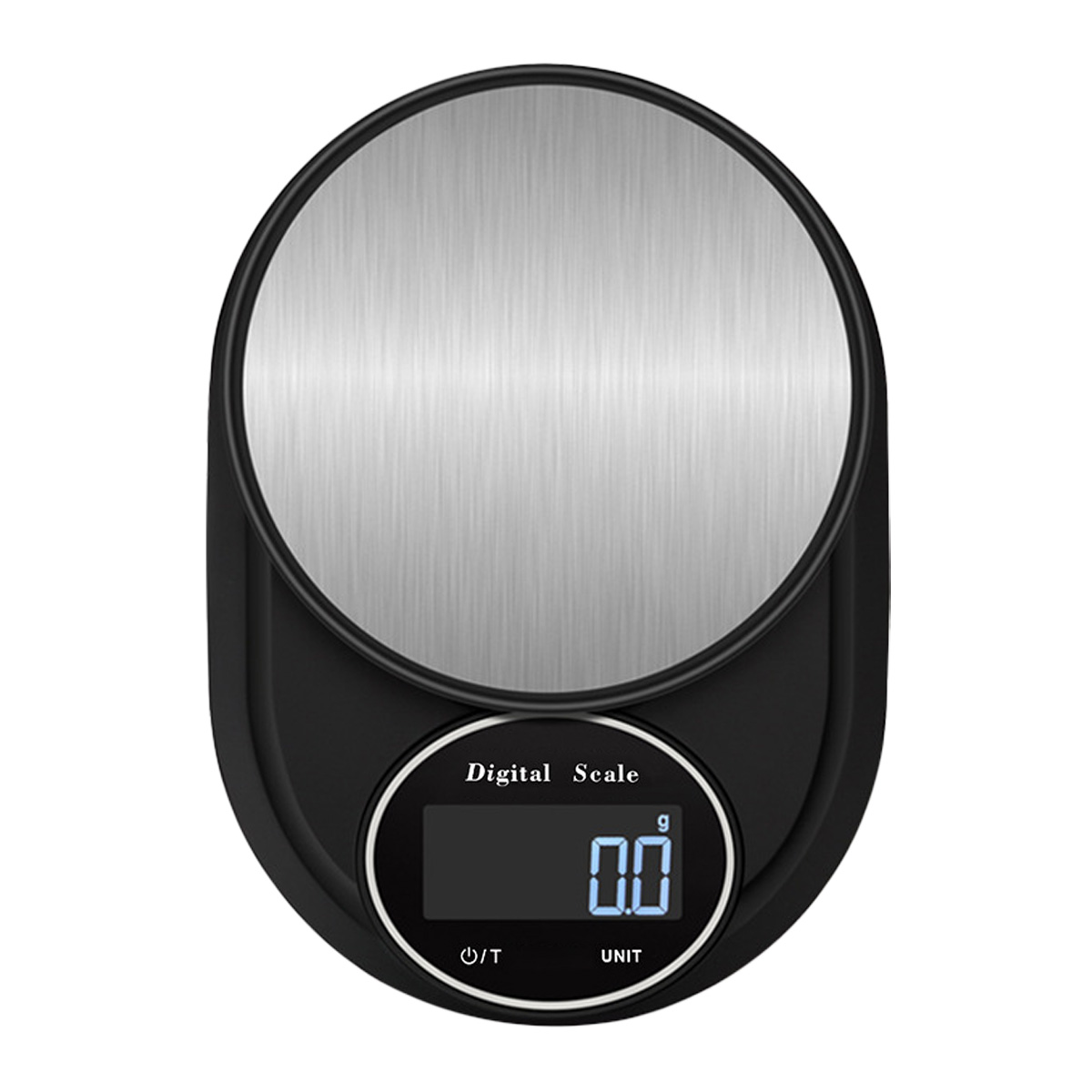 Digitale Waage mit runder Silberplattform, schwarzem Gehäuse und Tasten. Anzeige ist 0.0.