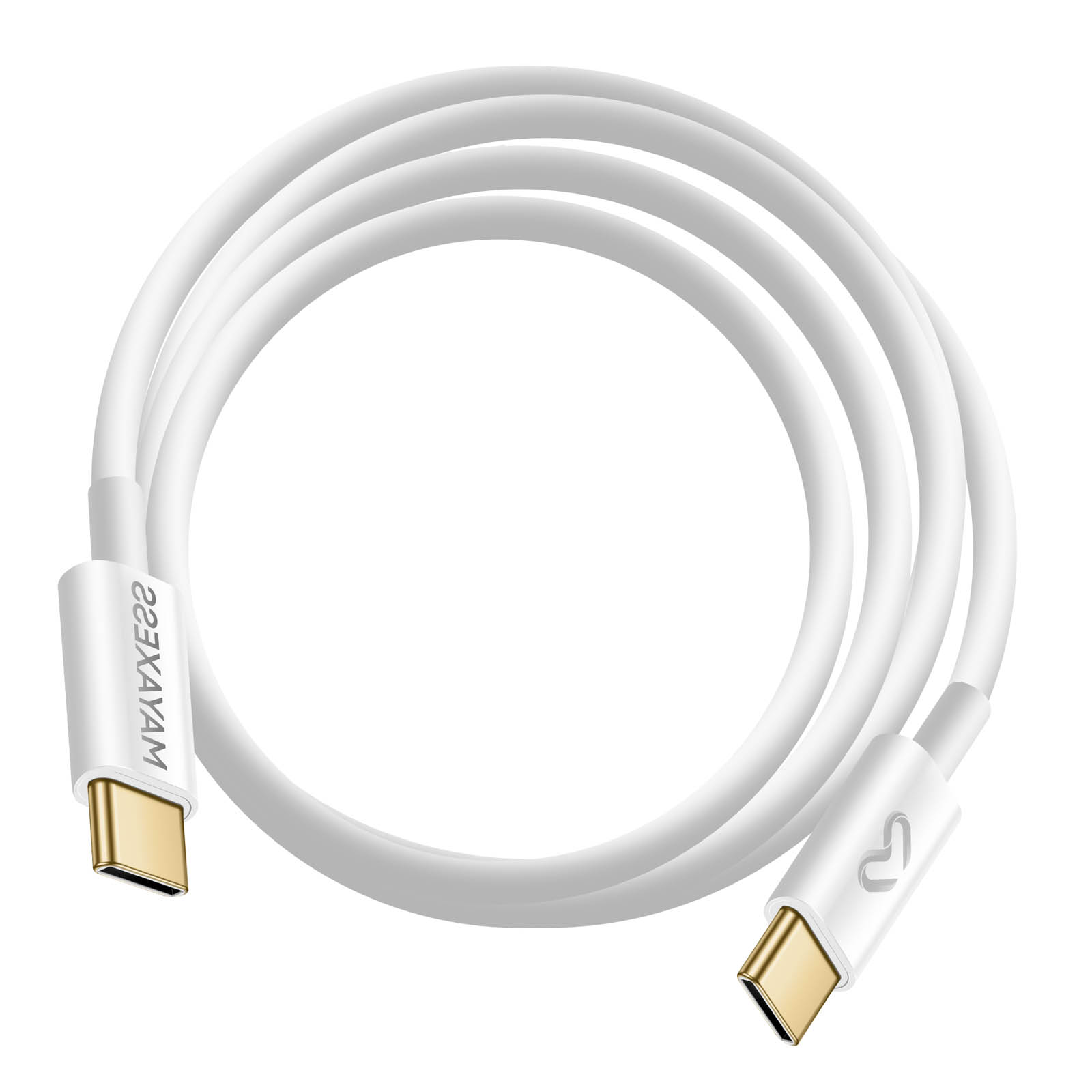 Un cavo USB-C bianco con connettori dorati, su sfondo bianco. Il nome del marchio è visibile.