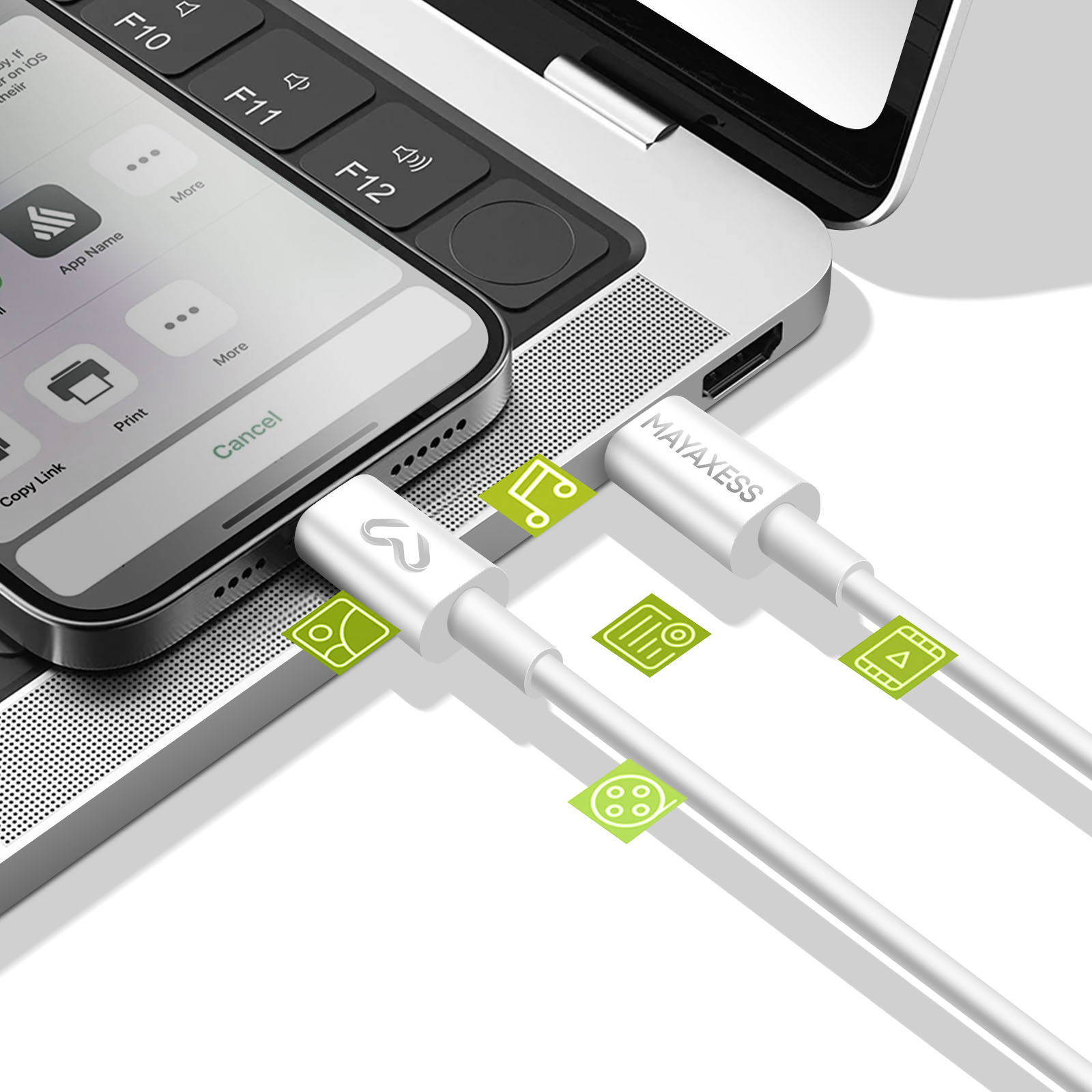 Un telefono collegato a un laptop con un cavo USB-C bianco. Il telefono mostra icone di app. Logo MAYAXESS.