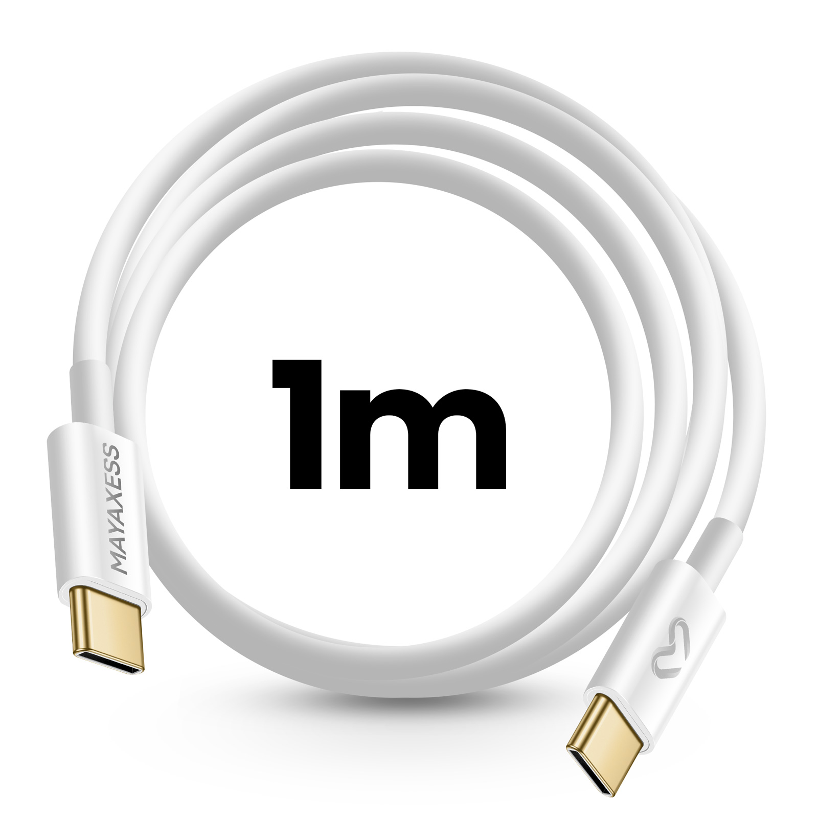 Un cavo USB-C bianco con connettori dorati, con il testo '1m', su sfondo bianco.