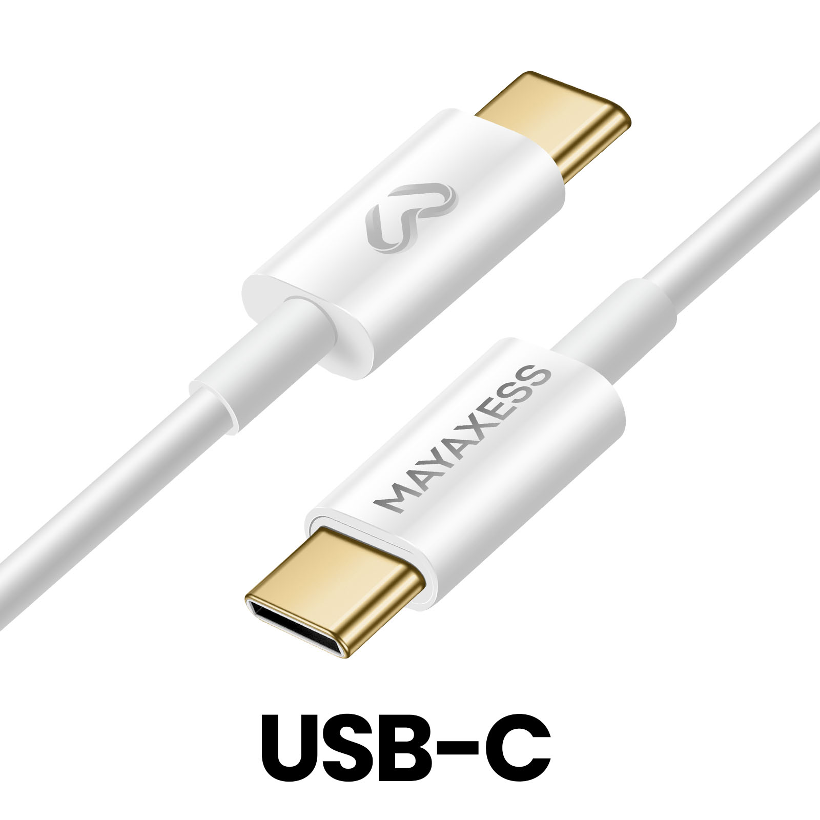 Due cavi USB-C bianchi con punte dorate. Il cavo ha il logo MAYAXESS. Sfondo bianco.