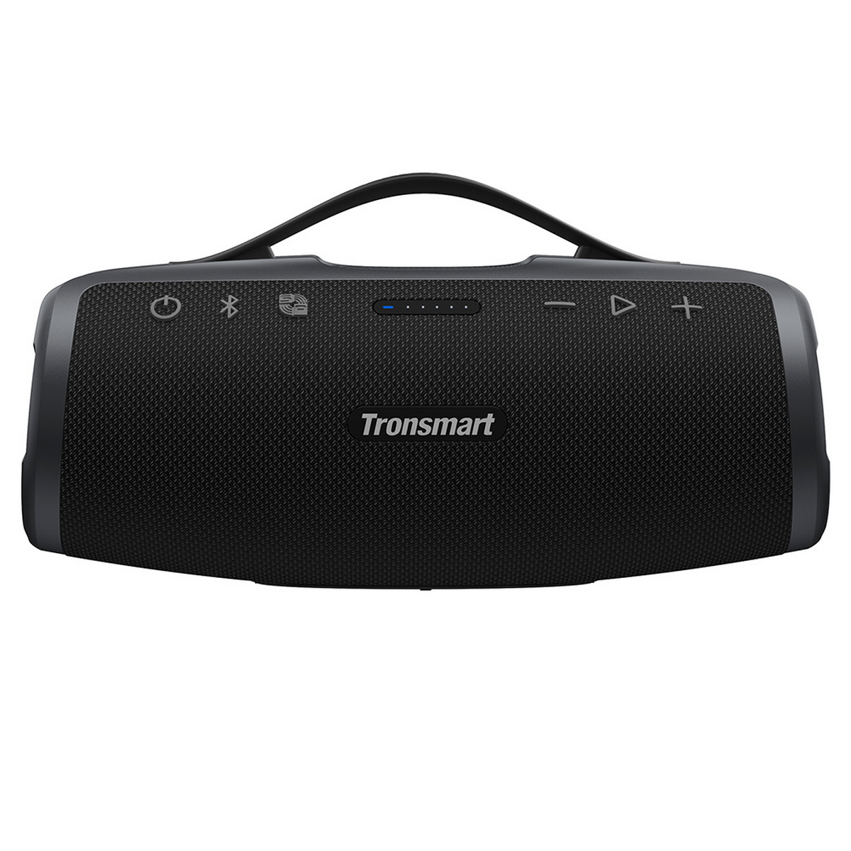 Altoparlante Tronsmart nero con pulsanti in alto. Ha una maniglia e il marchio è visibile.