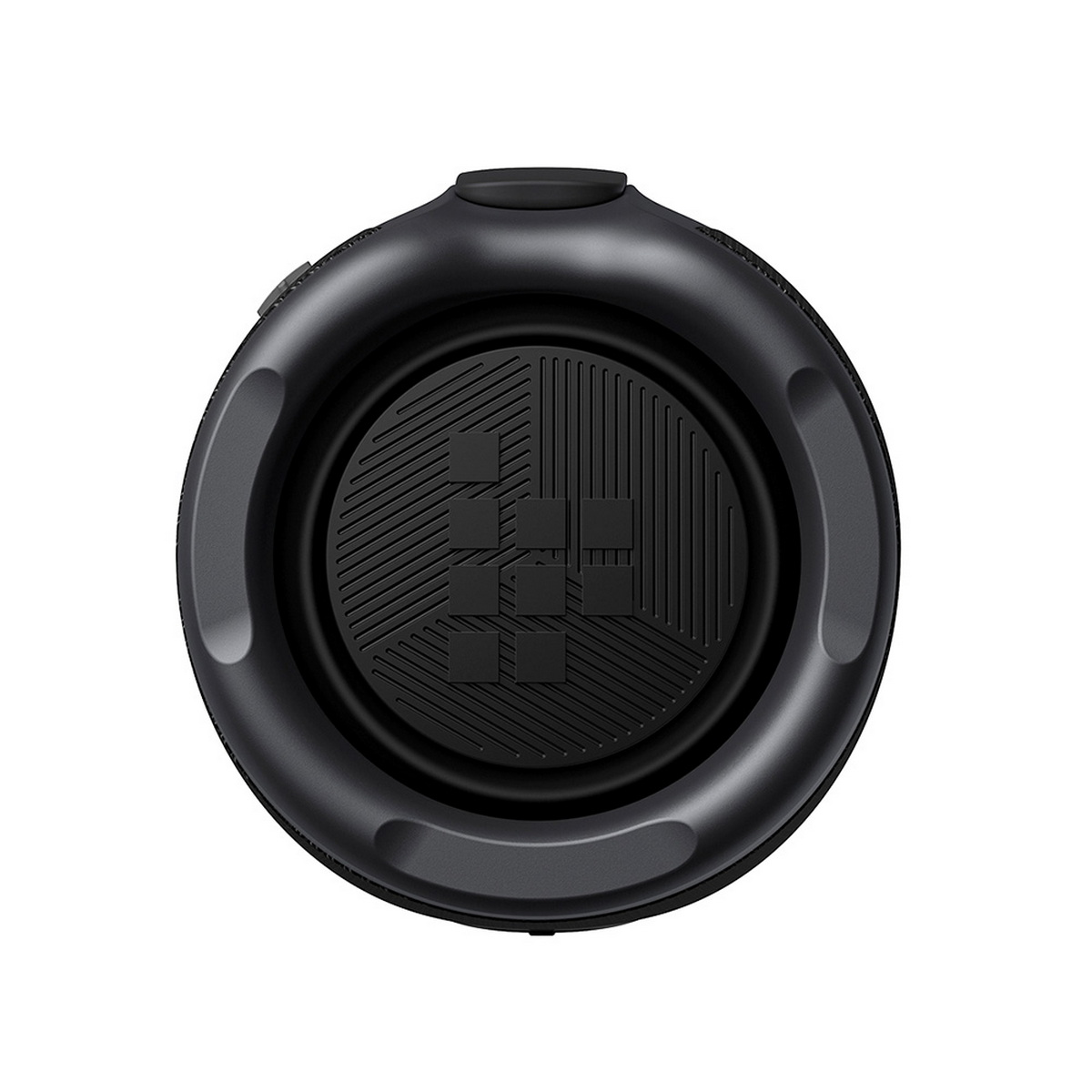 Altoparlante nero con motivo geometrico. Forma arrotondata con pulsanti laterali.