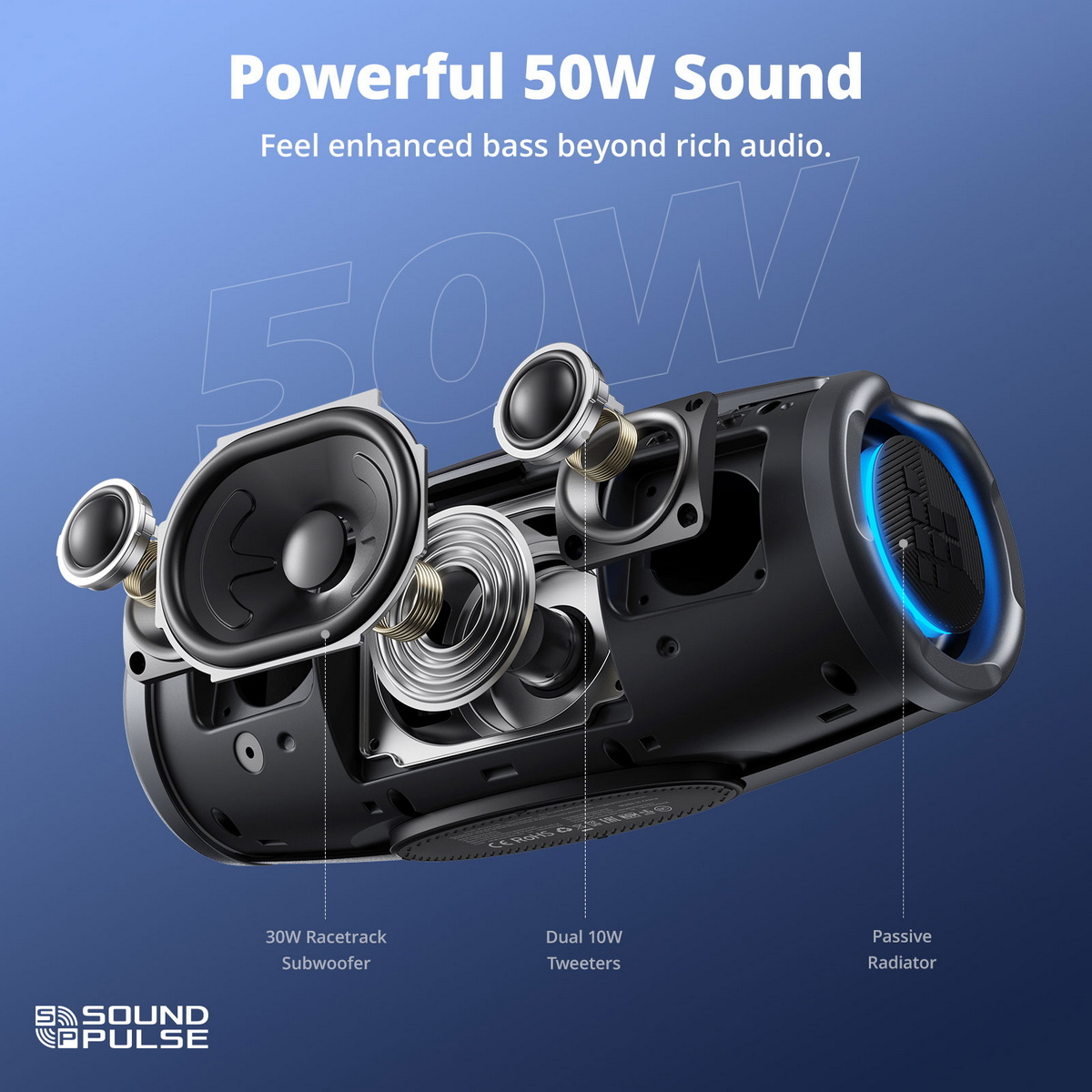 Vengono mostrati i componenti dell'altoparlante. Le etichette indicano il subwoofer, i tweeter e un radiatore passivo. Sfondo blu.