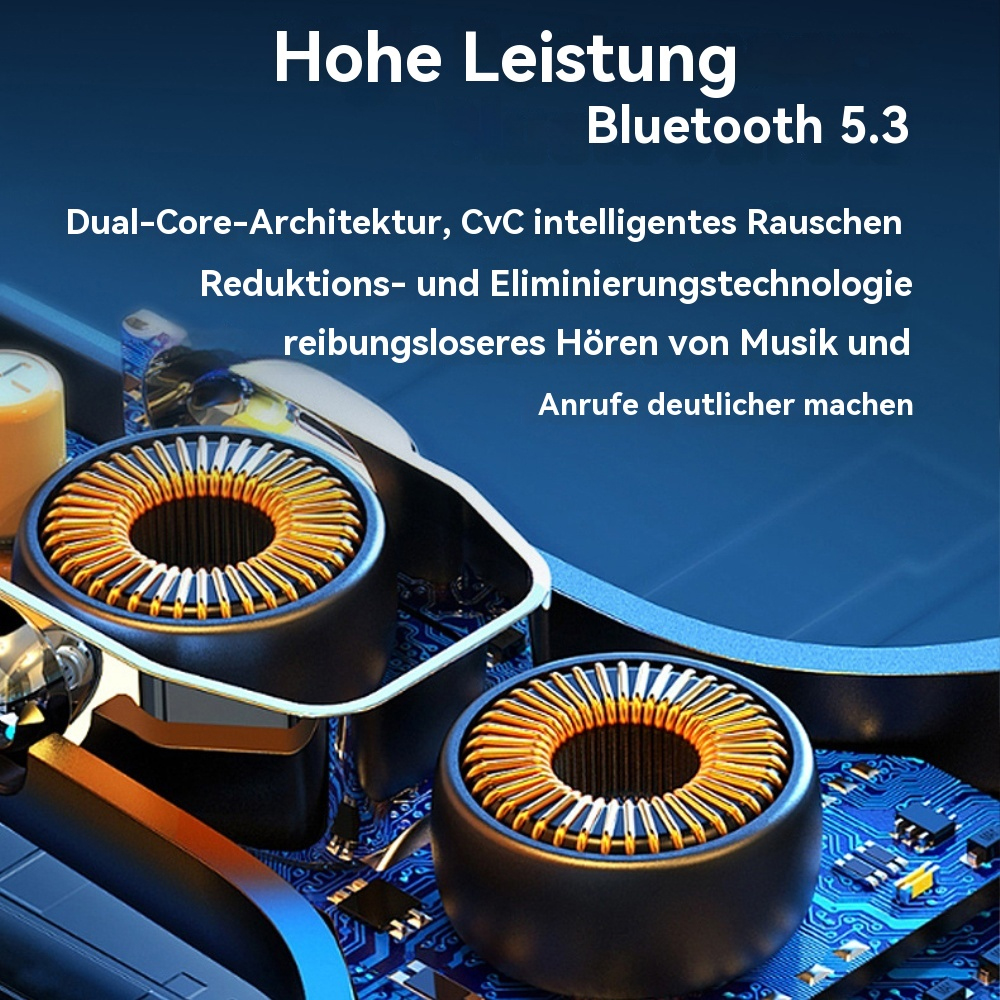 Nahaufnahme von elektronischen Komponenten. Text auf Deutsch: 'Hohe Leistung Bluetooth 5.3'.