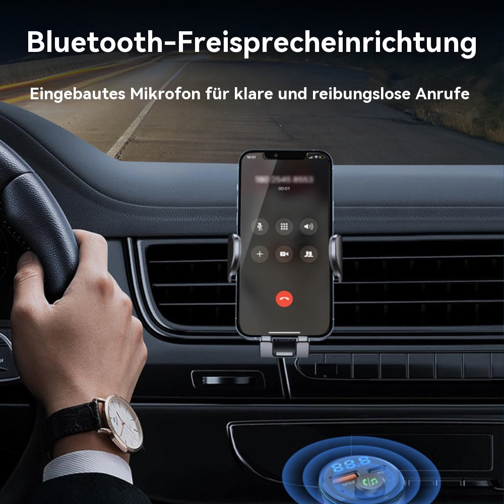 Ein Mann im Auto benutzt das Telefon. Das Telefon befindet sich in einer Halterung. Im Hintergrund ist ein Auto.