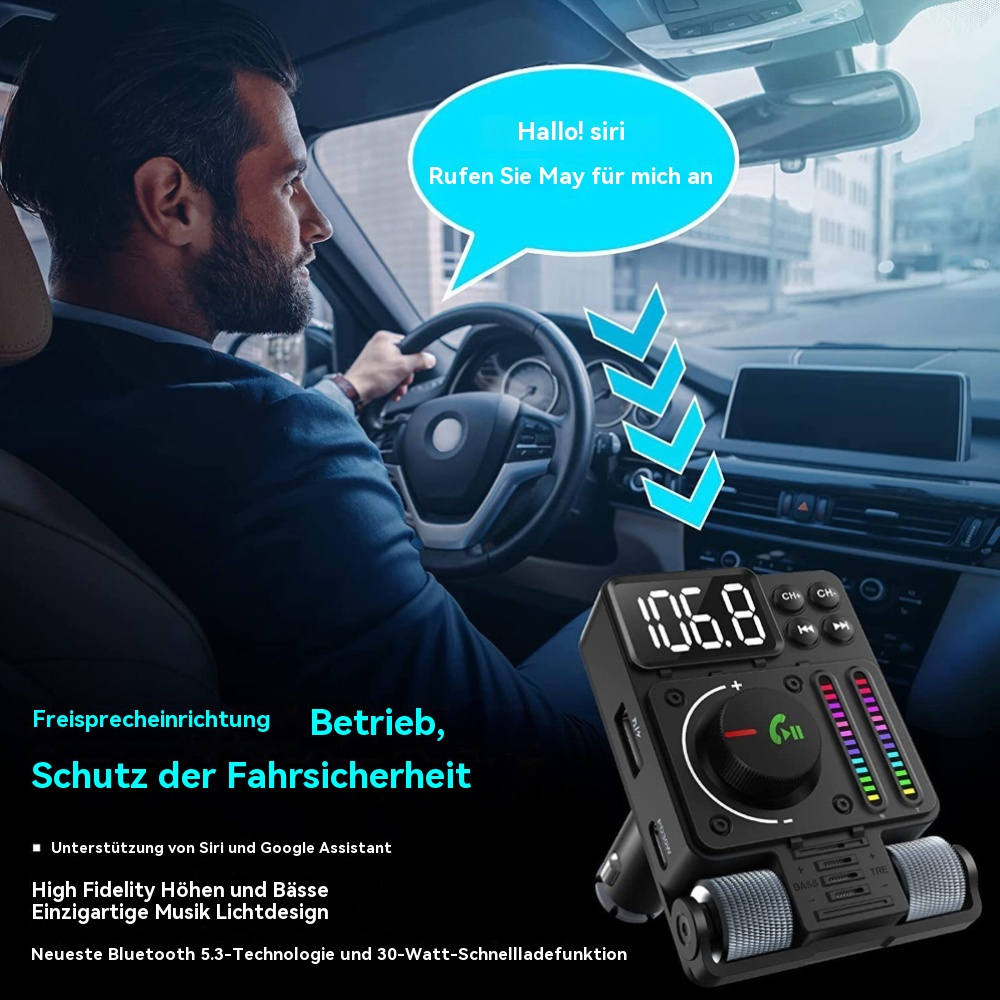 Ein Mann fährt Auto. Ein Bluetooth-Gerät mit Text und bunten Lichtern ist im Auto.