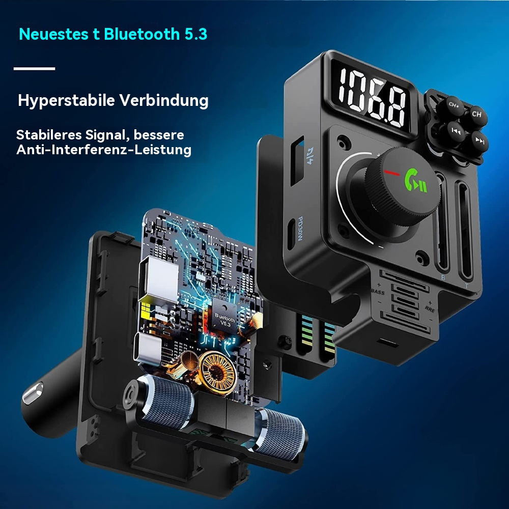 Ein Bluetooth-Gerät wird in einer Explosionsansicht gezeigt. Es hat einen Bildschirm, Knöpfe und Schaltkreise.