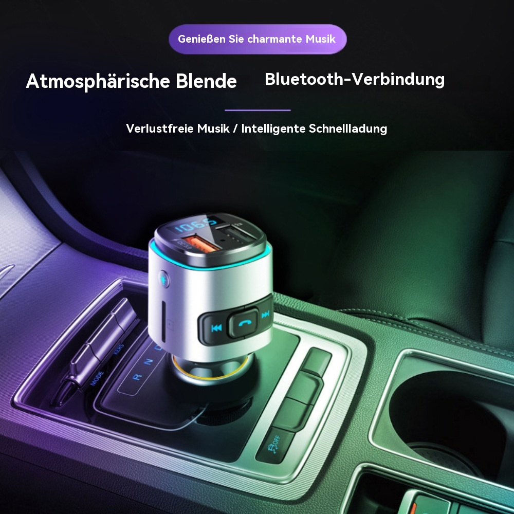 Ein Autoinnenraum mit einem Bluetooth-Gerät. Das Gerät hat einen Bildschirm und Knöpfe.