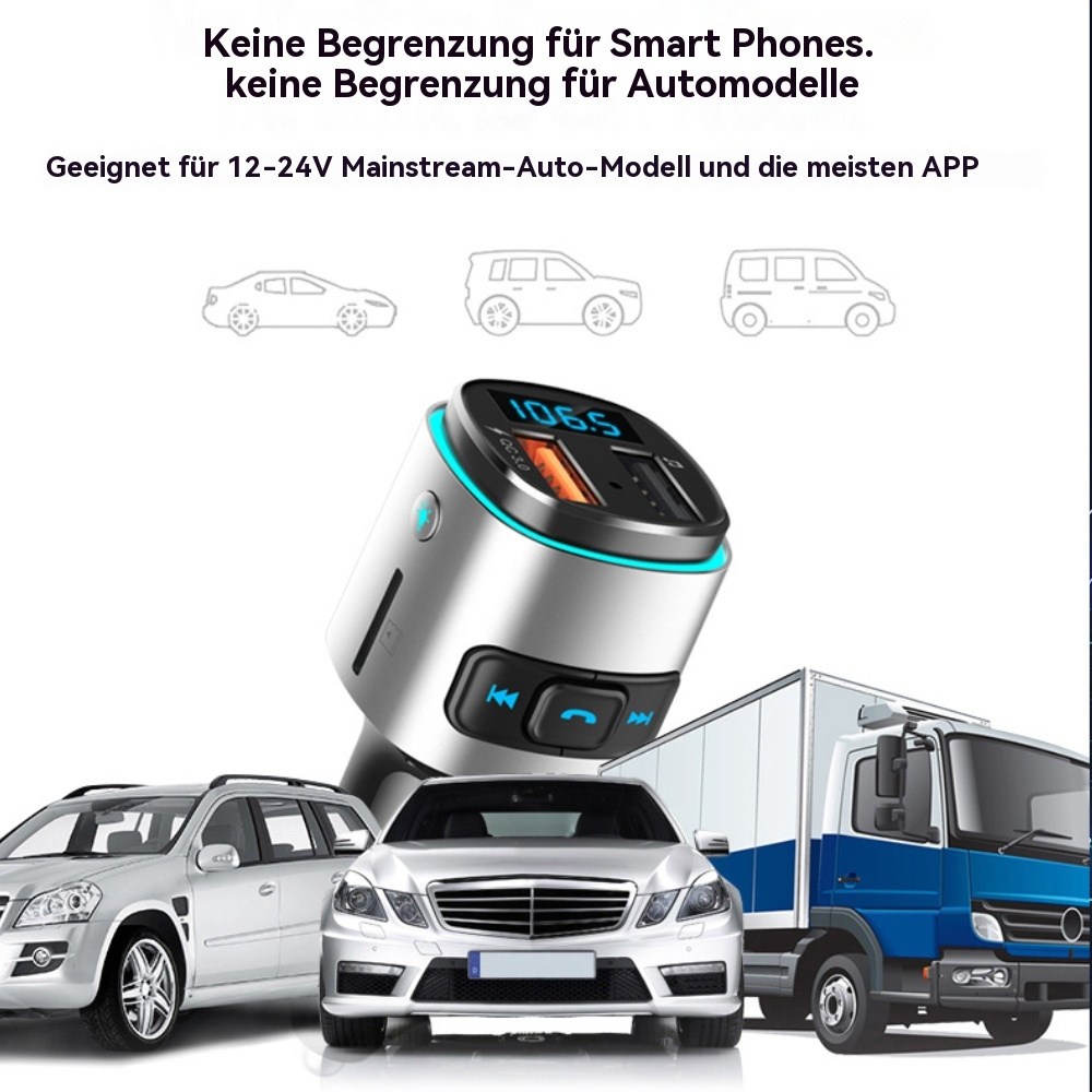 Silbernes Autoladegerät mit Digitalanzeige und USB-Anschlüssen, abgebildet mit Autos und einem LKW.