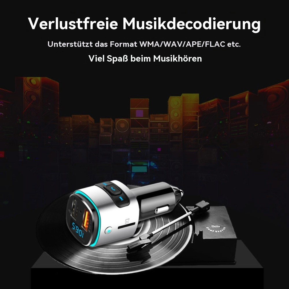 Autoladegerät mit Digitalanzeige, gezeigt mit einem Plattenspieler und einem Hintergrund aus Schallwellen.
