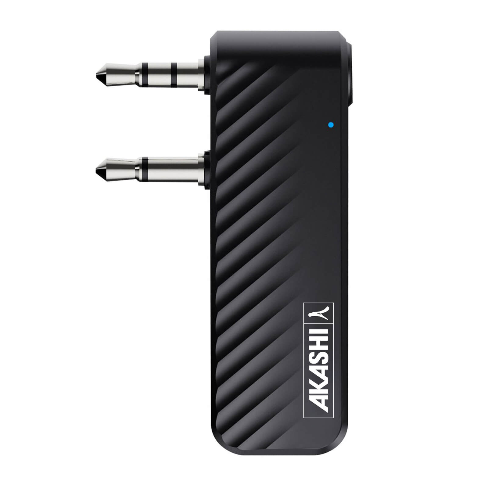 Adattatore audio nero con due jack audio argentati. Logo Akashi sul dispositivo.