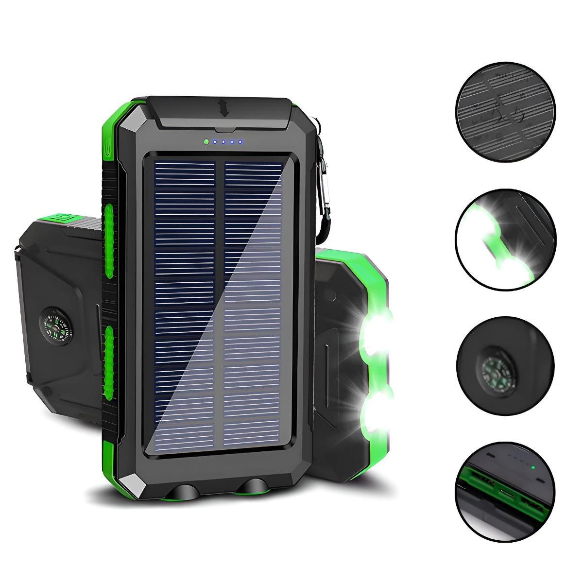 Solarbetriebene Taschenlampe mit grünen Akzenten und einem Kompass. Zeigt ein Solarpanel und eine Taschenlampe.