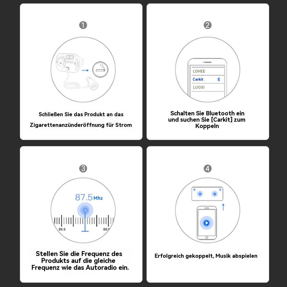 Diagramm, das die Schritte zum Verbinden eines Auto-Multimedia-Geräts mit einem Telefon zeigt.
