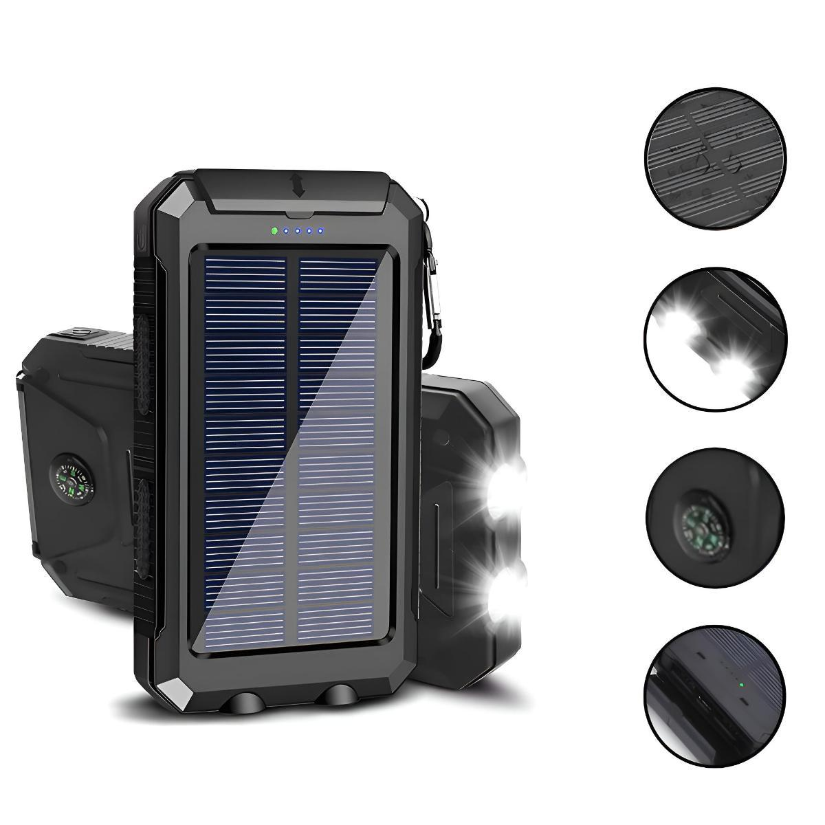 Solarbetriebene Taschenlampe mit grünen Akzenten und einem Kompass. Zeigt ein Solarpanel und eine Taschenlampe.
