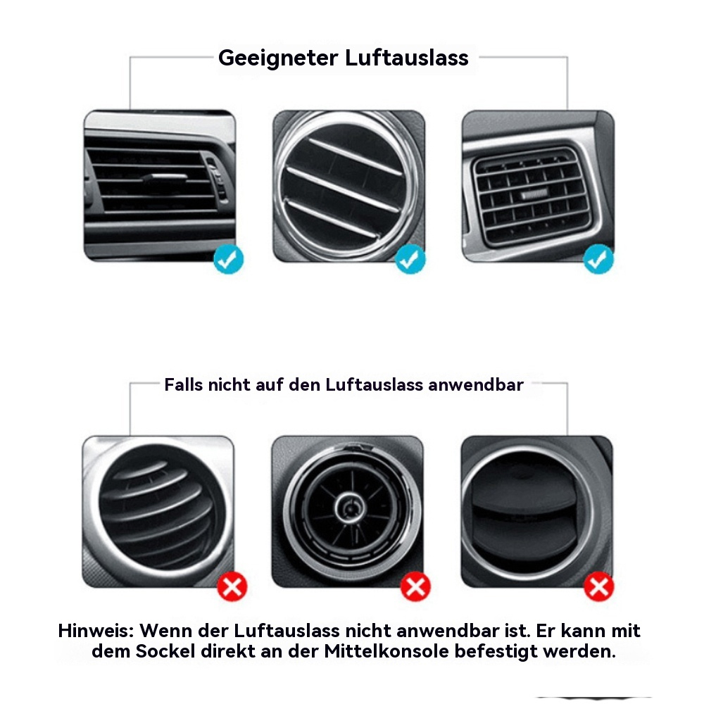 Diagramm der Kompatibilität mit der Auto-Luftöffnung. Zeigt Belüftungen, die für das Gerät geeignet und ungeeignet sind.