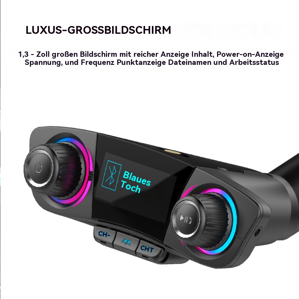 Auto-Multimedia-Gerät-Bildschirm mit blauem Touch-Display und Knöpfen.