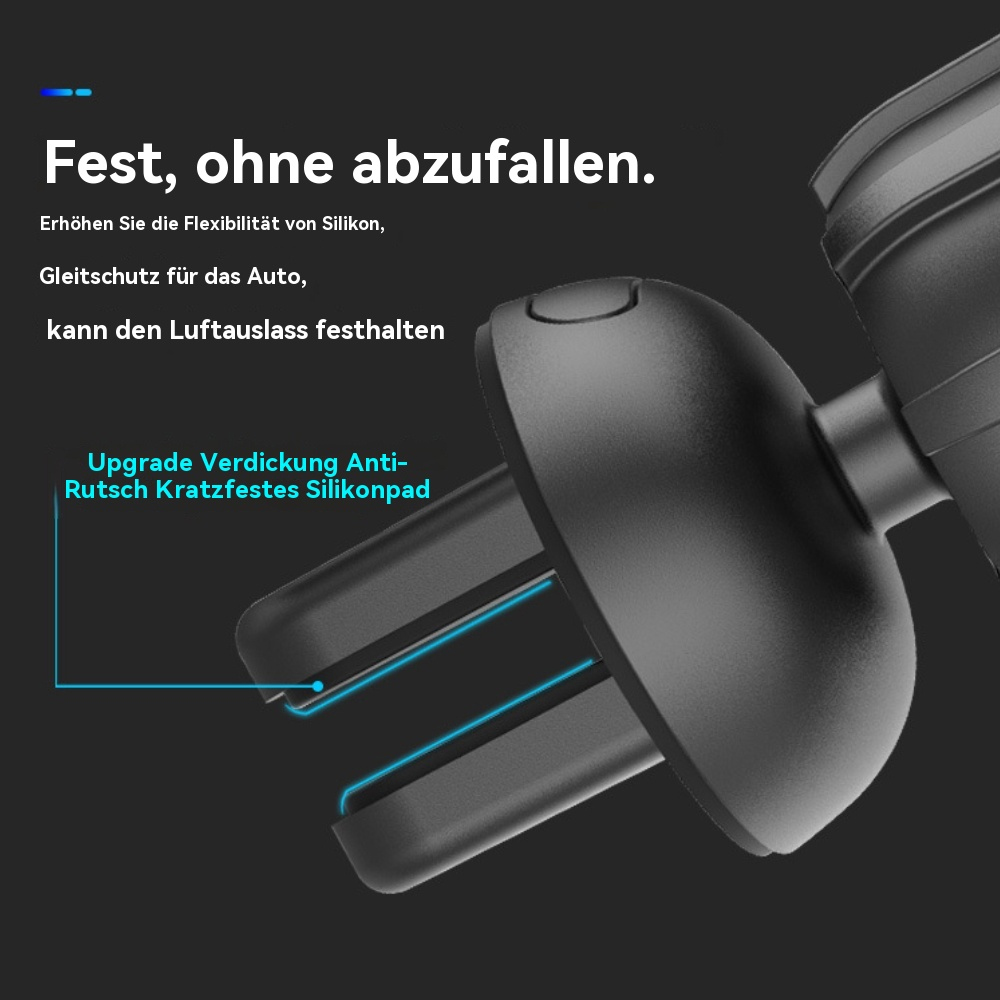 Nahaufnahme eines schwarzen Auto-Lüftungsclips mit Text über Silikon-Pads. Es soll das Gerät halten.