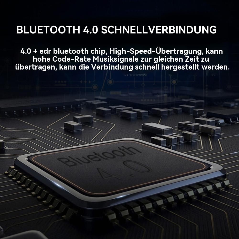 Schwarzer Chip mit Bluetooth 4.0-Text auf schwarzer Leiterplatte mit Text oben.