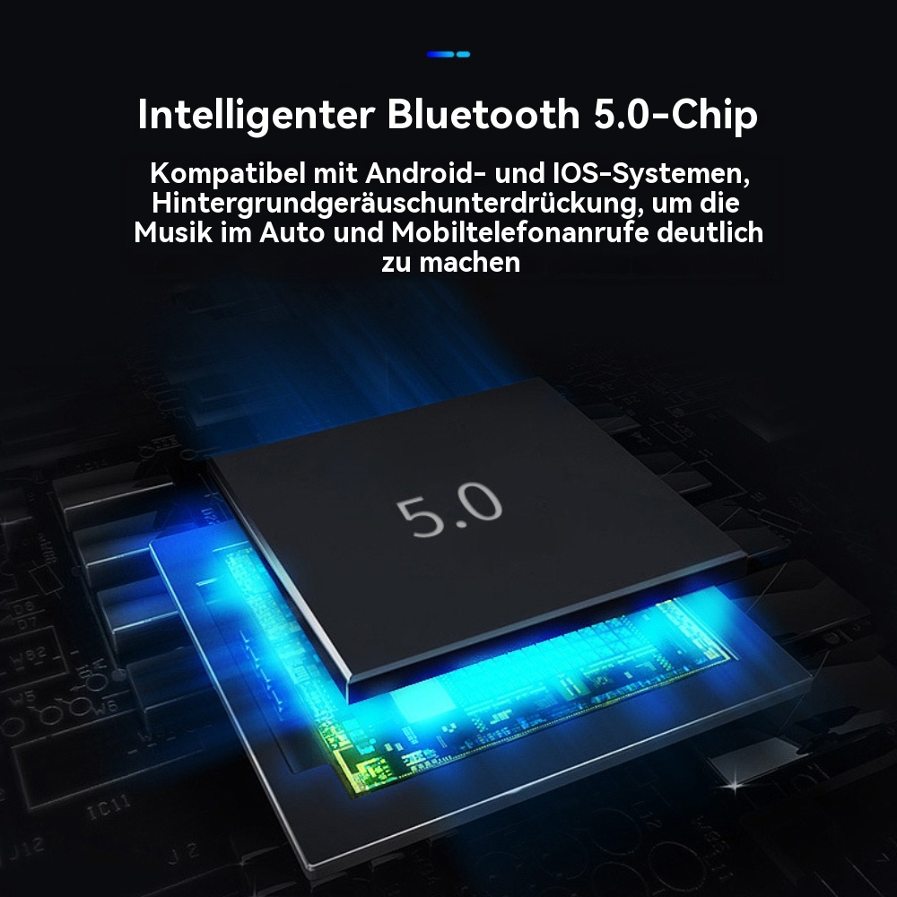 Schwarzer Chip mit 5.0-Text auf blau beleuchtetem Hintergrund. Text oben und unten.
