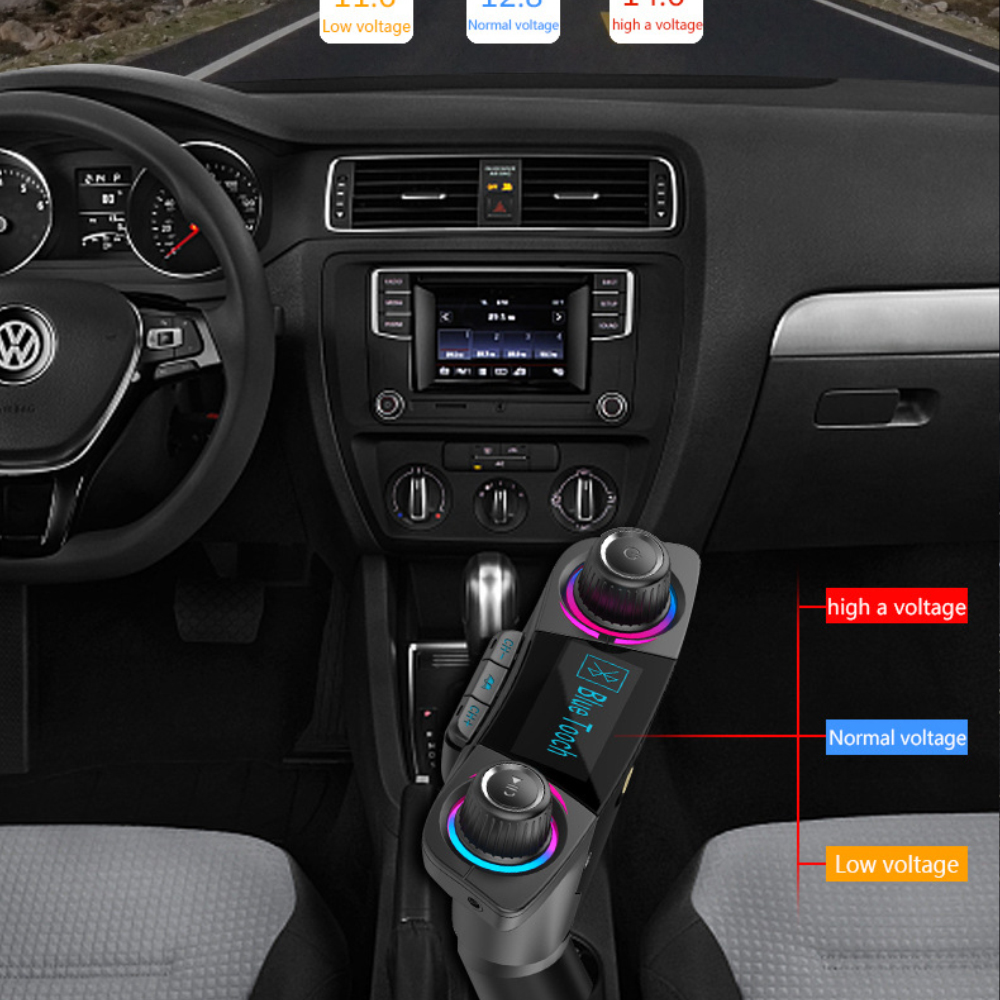 Autointerieur mit Gerät, Spannungsanzeigen und Lenkrad. Textbeschriftungen sind sichtbar.