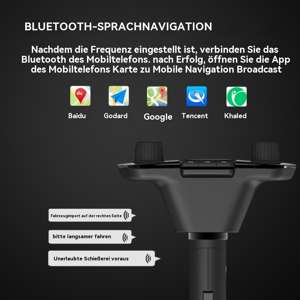 Schwarzes Gerät mit Symbolen und Text im Auto. Mehrere App-Symbole werden angezeigt.
