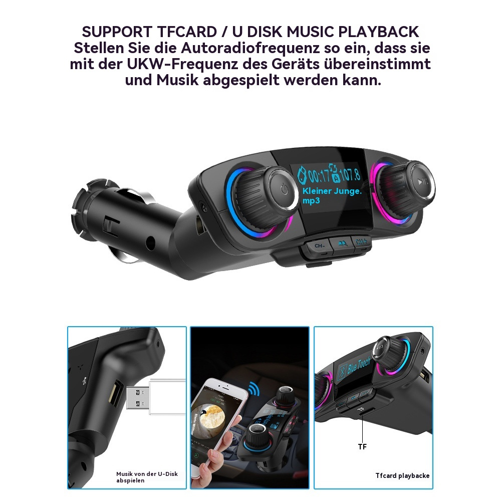 Autoladegerät mit Musikgerät. Drei Bilder zeigen Details des Geräts und seine Verwendung.