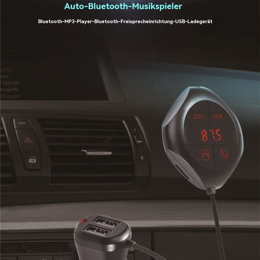 Schwarzes Gerät mit roter Digitalanzeige und Tasten in einem Auto. Ein Ladegerät ist sichtbar.