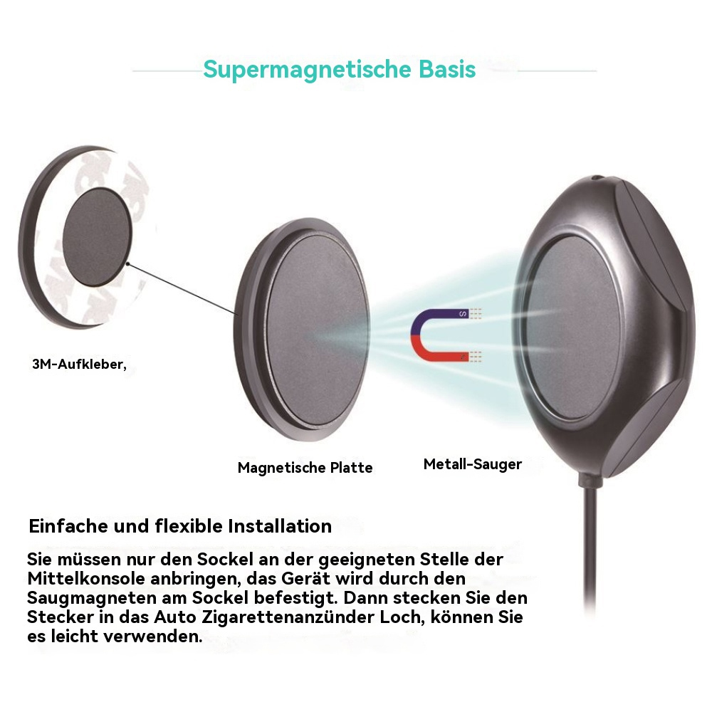 Diagramm der Autogerätekomponenten. Enthält Klebstoff, Magnetplatte und Metall-Saugnapf.