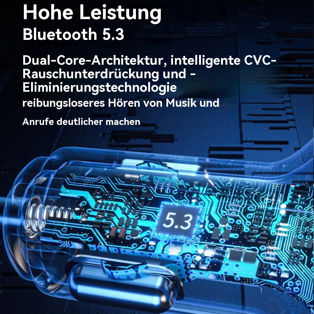 Blaue Platine mit elektronischen Bauteilen, zeigt 5.3, und ein schwarz-silbernes Gerät.