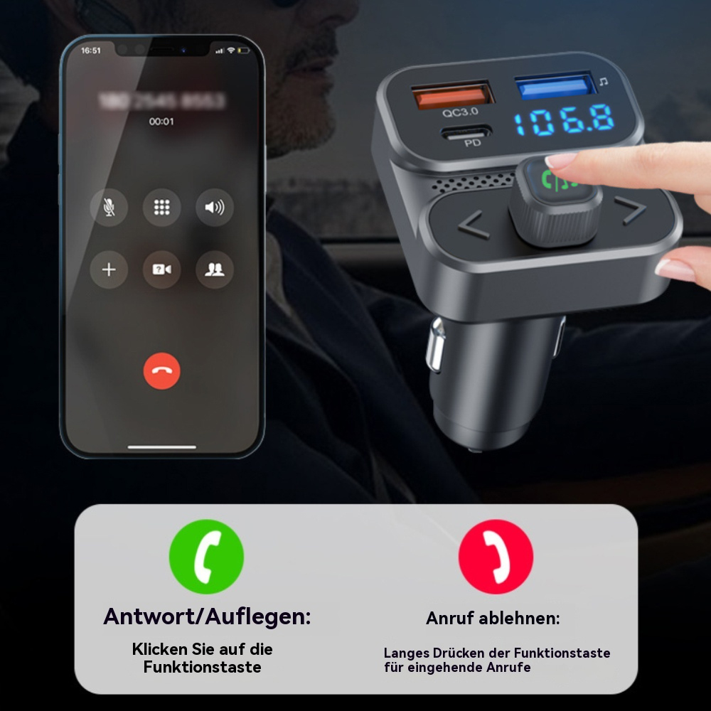 Autointerieur mit Ladegerät und Telefon. Das Telefon zeigt einen Anrufbildschirm, das Ladegerät 106,8.