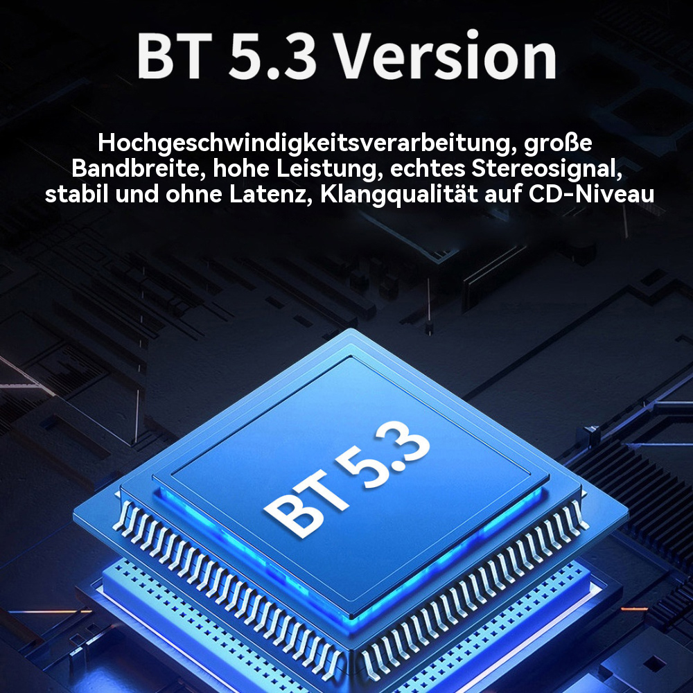 Ein blauer Chip mit dem Text 'BT 5.3 Version' und technischen Details.