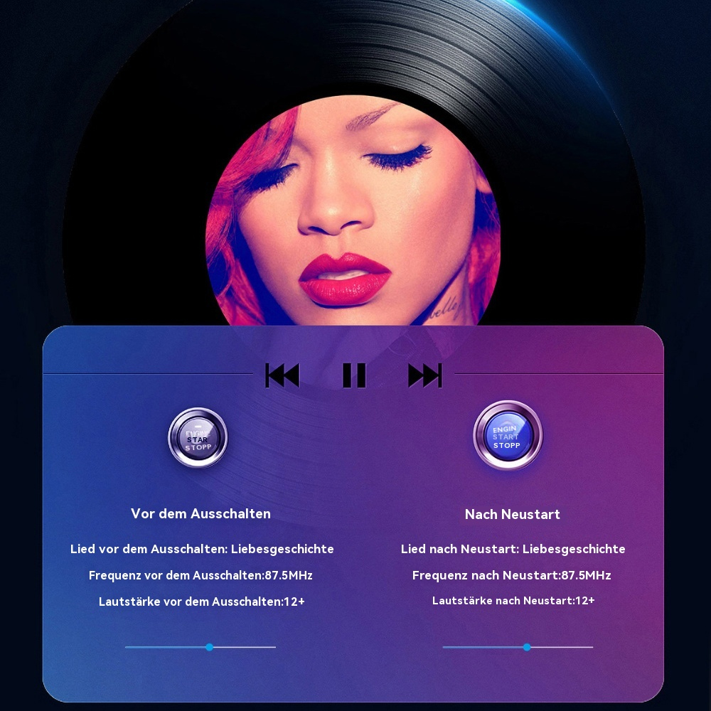 Vinylplatte mit Rihannas Gesicht, und eine Player-Oberfläche mit Song-Steuerung und Lautstärke.