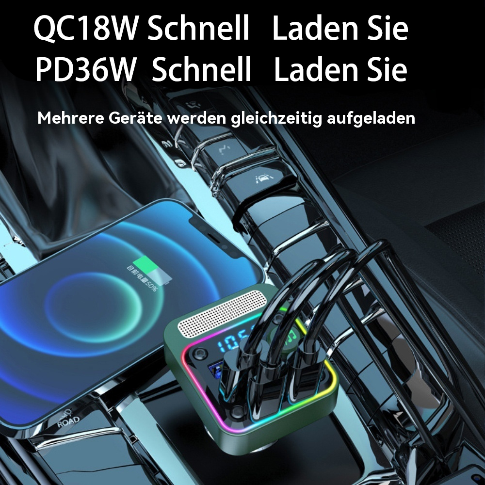 Auto-Adapter lädt mehrere Geräte: Telefon, Adapter mit Bildschirm und kabelloses Ladepad.